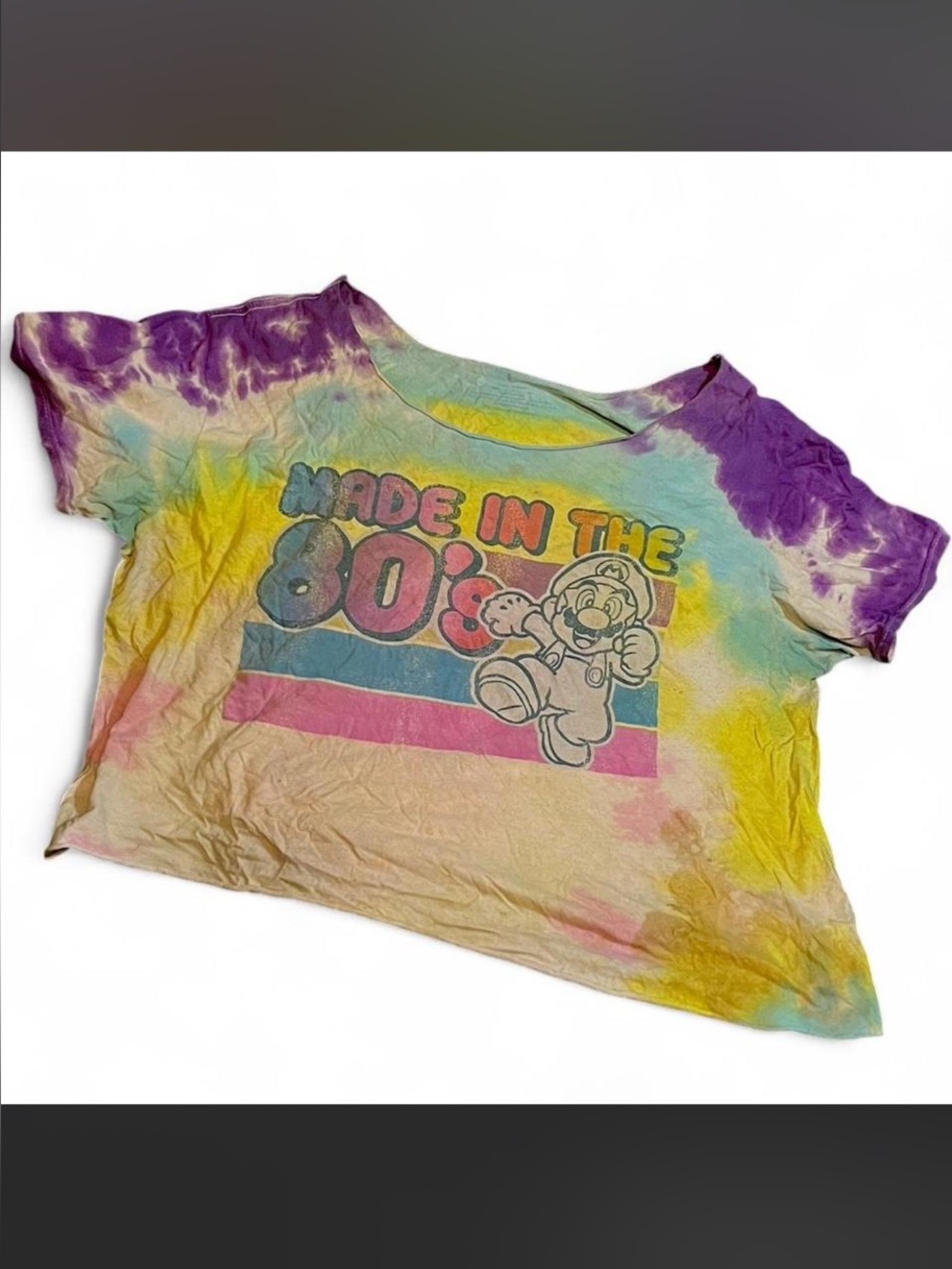 Vintage 2000’s Cropped Mario Tie Dye Distressed Graphic T-Shirt Y2K Nintendo XL